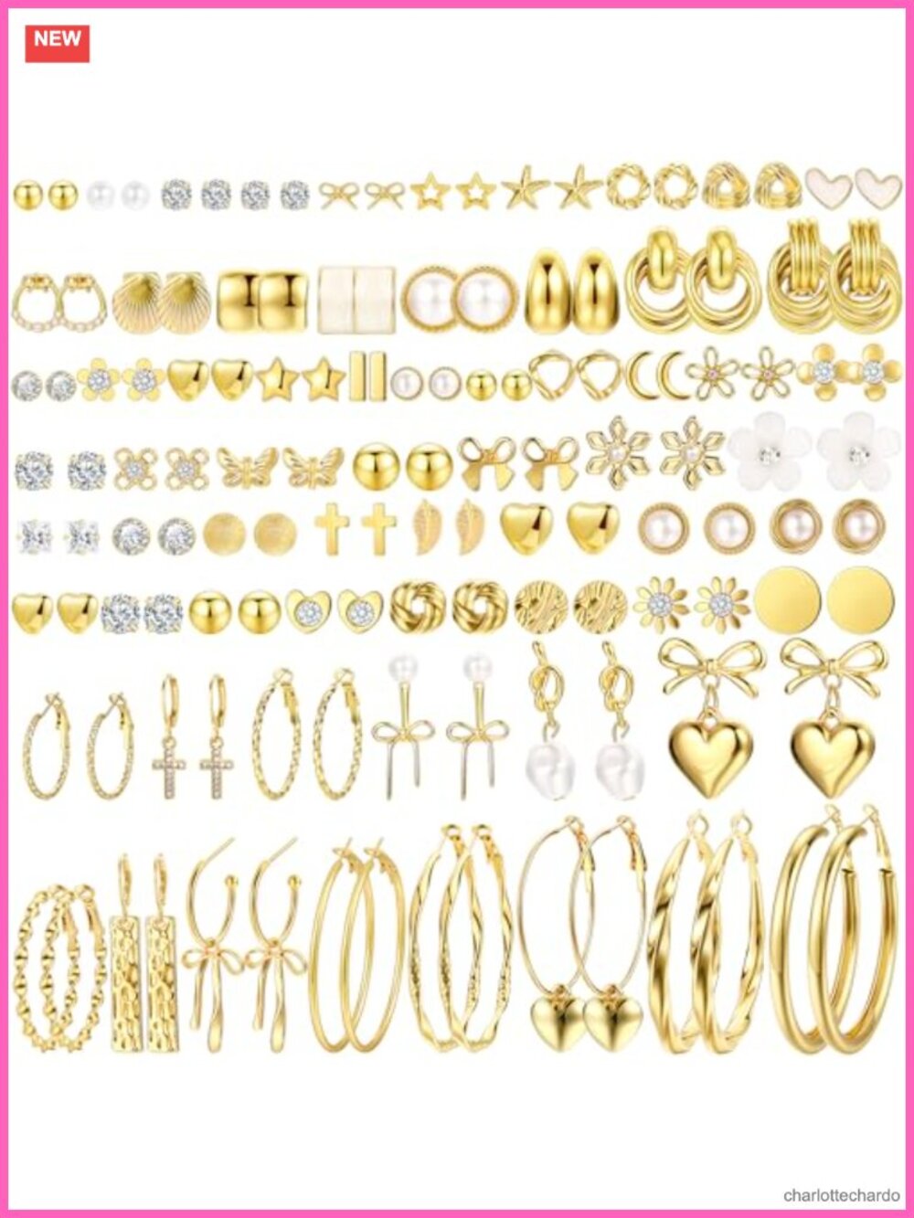 75 Pairs Gold Stud Earrings Set Women Hypoallergenic Cubic Zirconia Jewelry Gift
